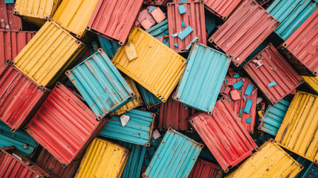 Colorful shipping containers stacked together in a chaotic arrangement.の素材