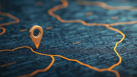 Map close-up with a location pin and winding paths.の素材