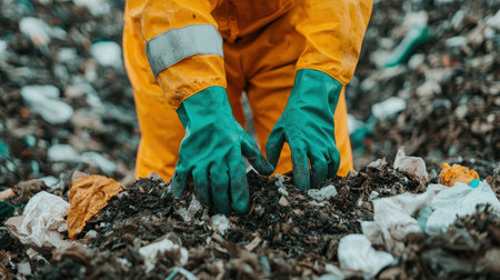 Worker in protective gear managing waste at a landfill site.の素材