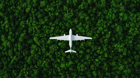 Aerial view of a white airplane flying over dense green forest.の素材