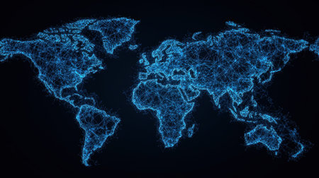 Digital world map with glowing connections and nodes.の素材