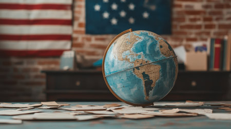 Globe on a table with USA flag in a cozy setting.の素材