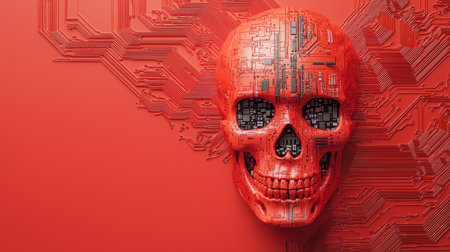 Futuristic skull design with circuit patterns on a red background.の素材