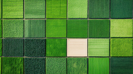 Aerial view of various green textures and patterns in a patchwork layout.の素材