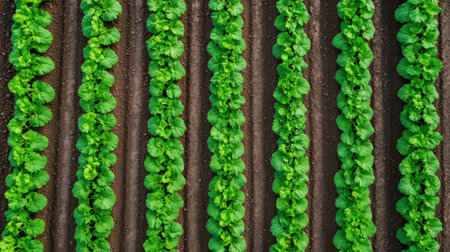Lush green lettuce rows in a well-organized farm field.の素材