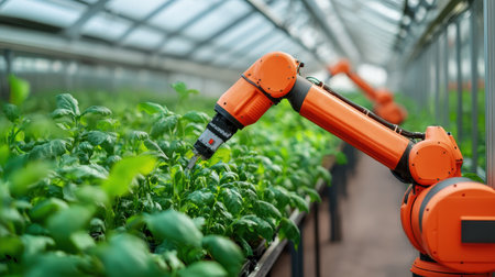 Robotic arm tending to plants in a greenhouse.の素材