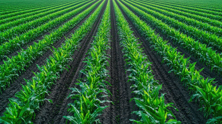 Lush green crop field with neatly arranged rows of plants.の素材