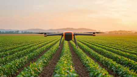 Drone surveying a lush green field at sunset.の素材