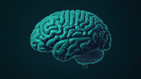 3D digital representation of a brain with glowing elements.の素材