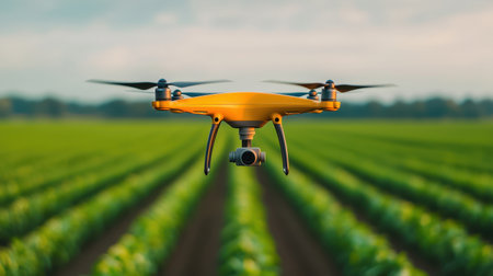 Drone flying over a vibrant green field of crops.の素材