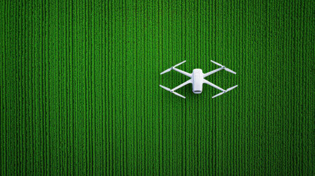 Drone flying over a field of green digital data representation.の素材