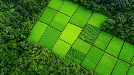 Aerial view of lush green agricultural fields surrounded by dense forest.の素材