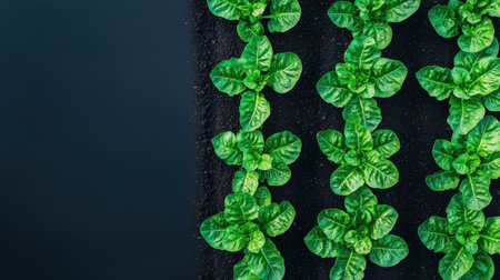 Lush green lettuce rows on a dark soil background.の素材
