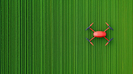 Aerial view of a red drone flying over a green field.の素材