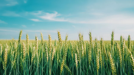 Lush wheat field under a clear blue sky.の素材
