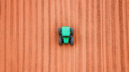 Aerial view of a green tractor on freshly plowed soil.の素材