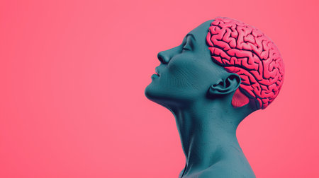 Surreal portrait of a figure with a brain on a vibrant background.の素材