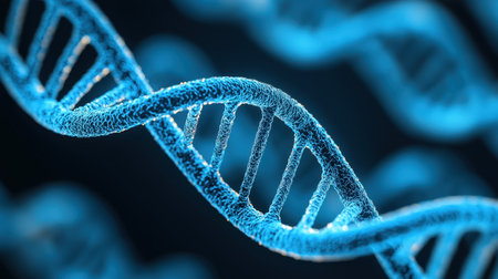 DNA helix structure glowing in a blue digital environment.の素材