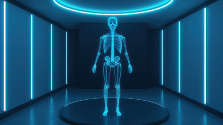 Digital skeleton model in a futuristic blue-lit environment.の素材