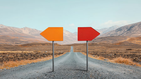 Two directional signs on a deserted road in a mountainous landscape.の素材