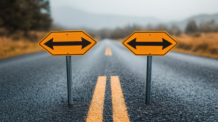 Road signs pointing in opposite directions on a wet road.の素材