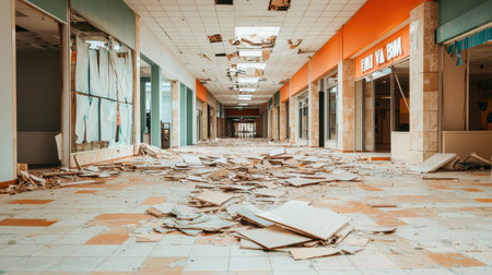 Abandoned shopping mall corridor with debris and damaged walls.の素材