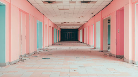 Abandoned hallway with colorful walls and scattered debris.の素材