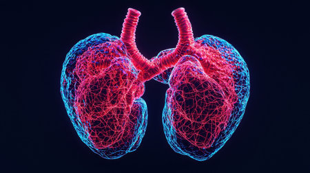 3D illustration of human lungs with a wireframe design.の素材