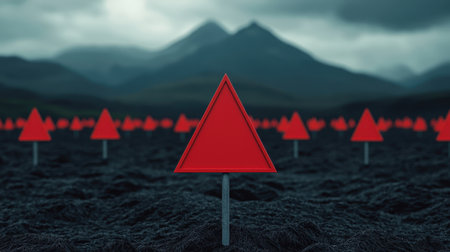 Red warning signs stand amid dark, moody landscapes and mountains.の素材