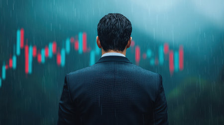 Business person in rain observing financial data trends.の素材
