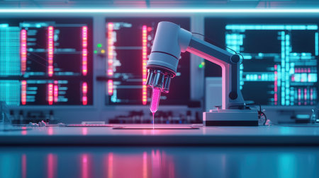 Futuristic robotic arm in a high-tech control room setting.の素材