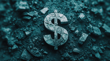 Dollar symbol surrounded by cracked surface texture.の素材
