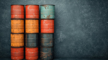 Stacked vintage cans with a textured wall background.の素材