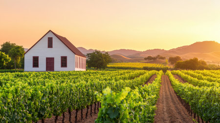 A quaint house amidst lush vineyards at sunset.の素材