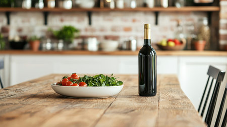 Stylish kitchen table with a bottle of wine and fresh vegetables.の素材