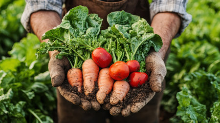 Fresh vegetables held in hands, showcasing an organic harvest.の素材