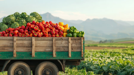 A trailer filled with fresh vegetables in a scenic landscape.の素材