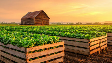 Rustic barn surrounded by lush crops at sunset.の素材