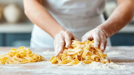 Fresh pasta being prepared on a floured countertop by hands.の素材