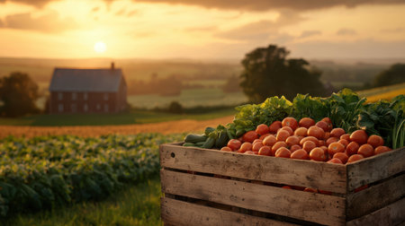 Fresh produce in a wooden crate at sunset near a farmhouse landscape.の素材