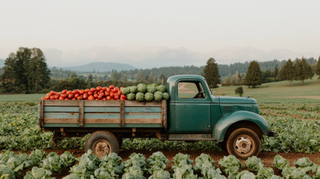 Vintage truck loaded with fresh produce in a rural landscape.の素材