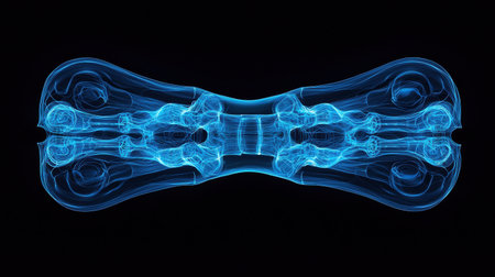 Digital representation of a symmetrical, glowing blue structure.の素材