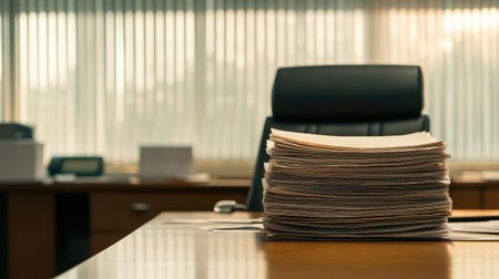 Cluttered office desk with a stack of paperwork and an empty chair.の素材