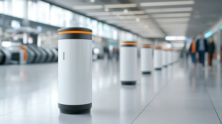 Modern airport interior with trash bins and blurred travelers in background.の素材