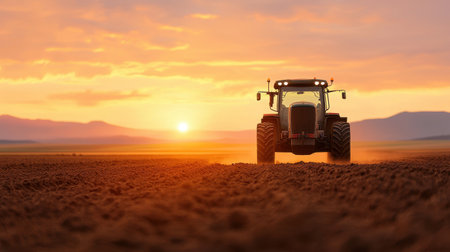 Tractor silhouette against a vibrant sunset landscape.の素材