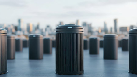 Modern trash bins in an urban setting with a cityscape backdrop.の素材