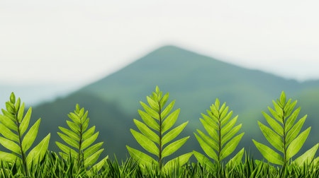 Lush green leaves with a soft mountain backdrop in the distance.の素材