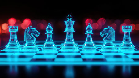 Glowing chess pieces on a neon-lit board in a dark setting.の素材