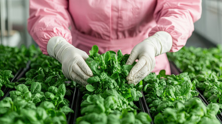 Hands caring for fresh green plants in a greenhouse setting.の素材