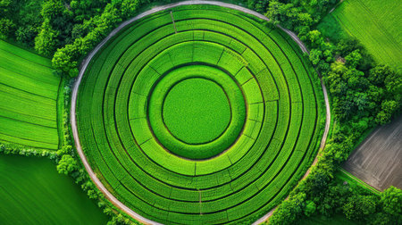 Lush green circular rice fields from an aerial perspective.の素材